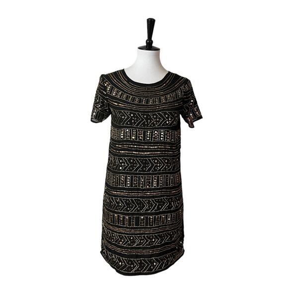 BooHoo Women’s Dress Boutique Viola Embellished Mini Beaded Black Gold New Sz 4 - Picture 1 of 15